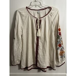 Sundance Sz PS Ivory Linen Embroidered Peasant Blouse Tassels Boho Cream